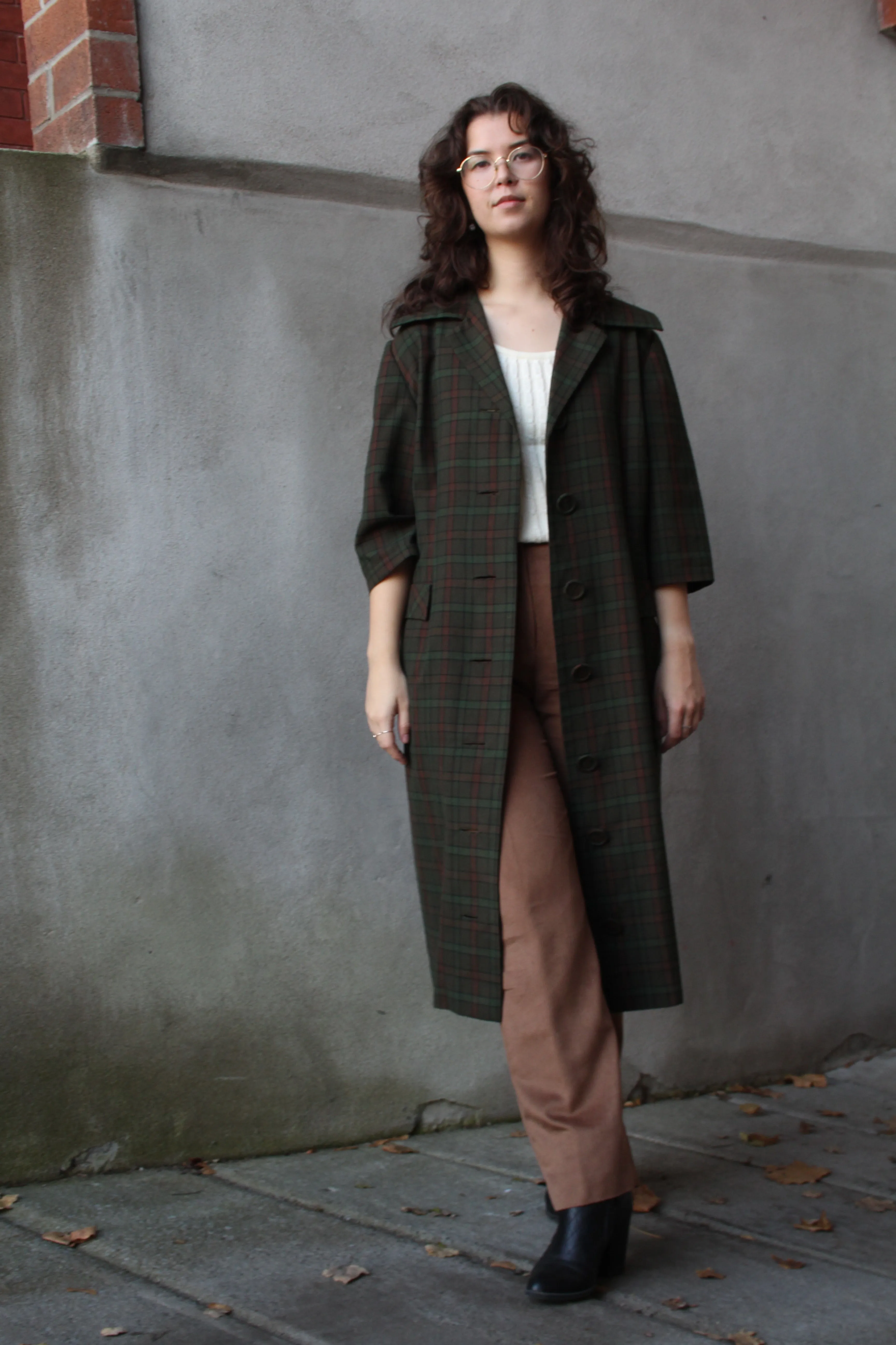 70s Autumnal Plaid Wool-Blend Coat Dress M/L