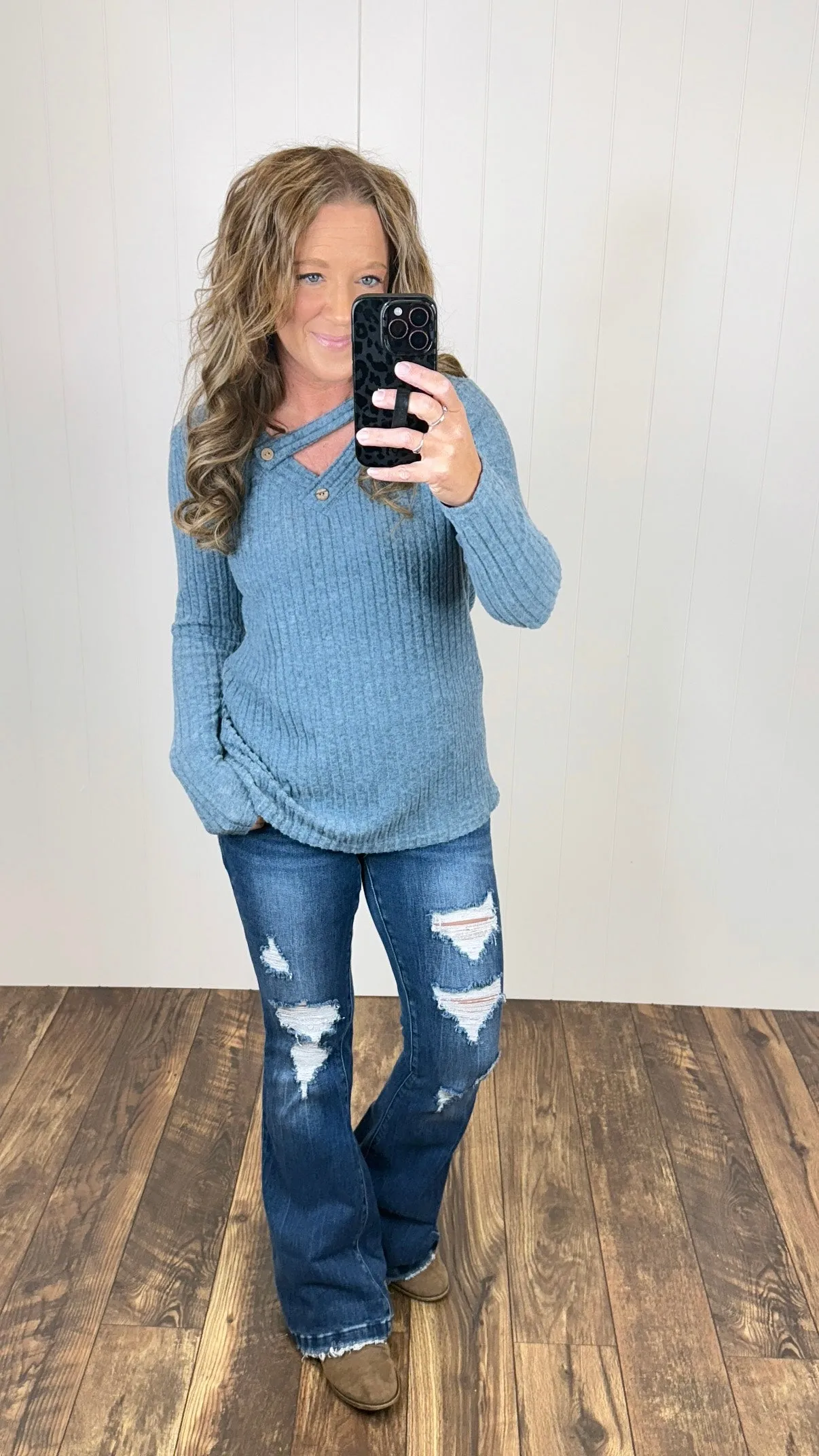 Blue Button Vneck Ribbed Sweater LS (SM-2X)