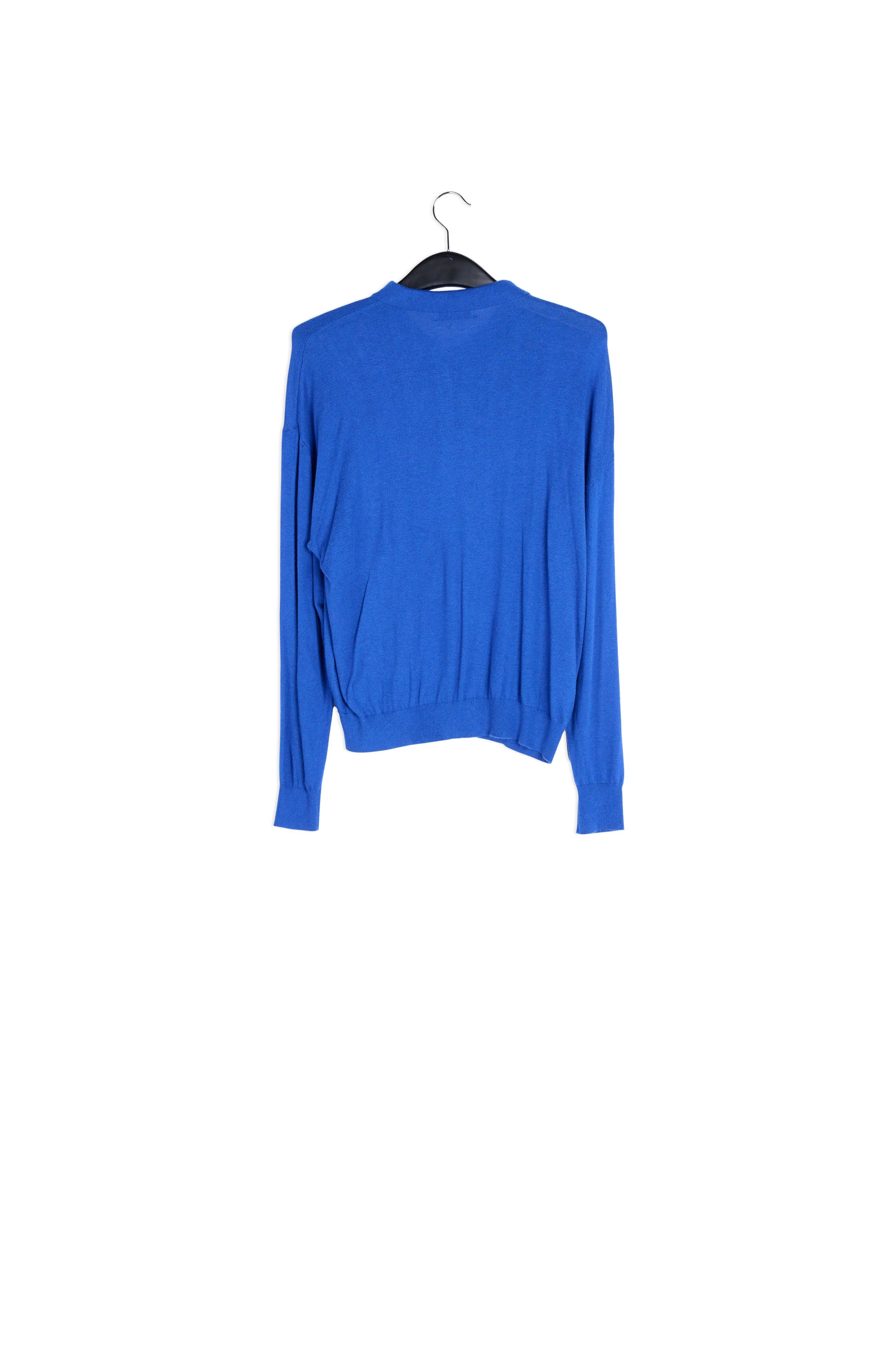 Blue fine-knit sweater with polo-inspired collar