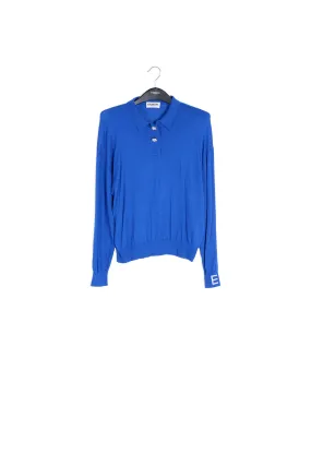 Blue fine-knit sweater with polo-inspired collar