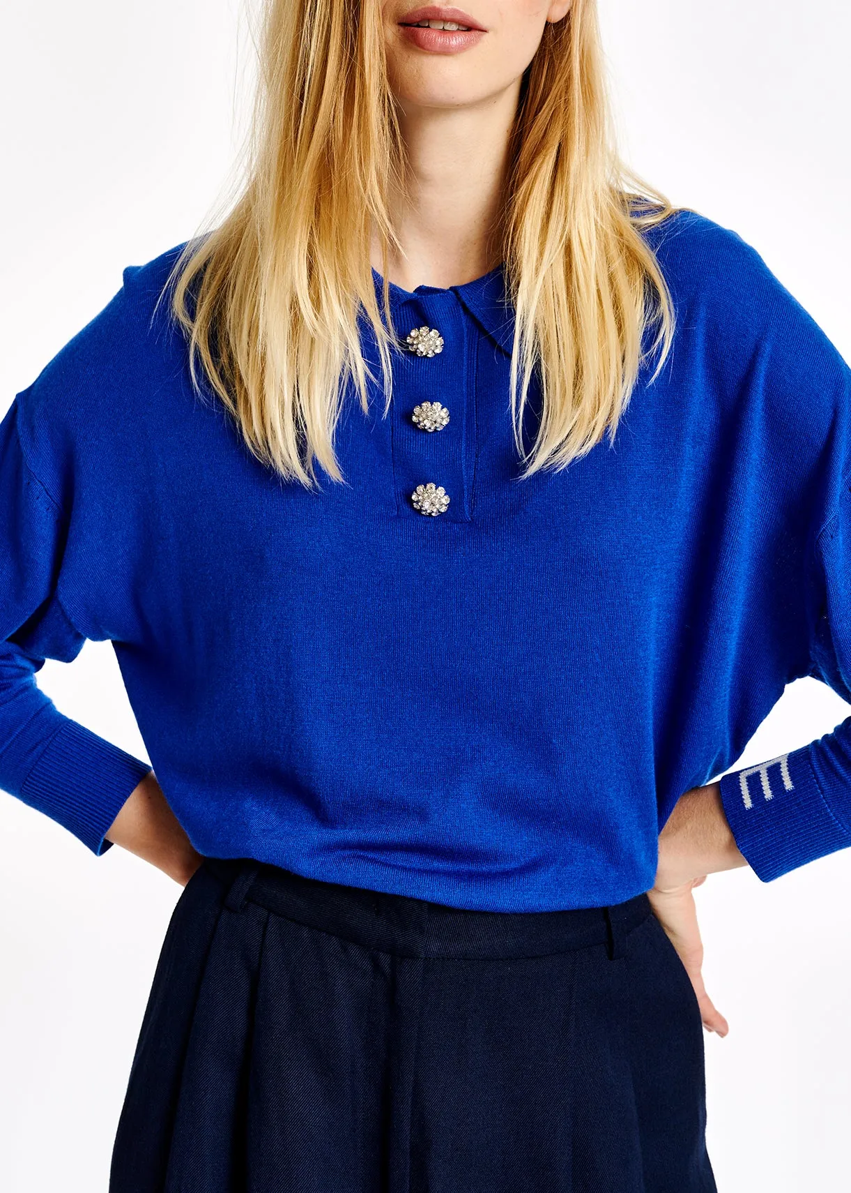 Blue fine-knit sweater with polo-inspired collar