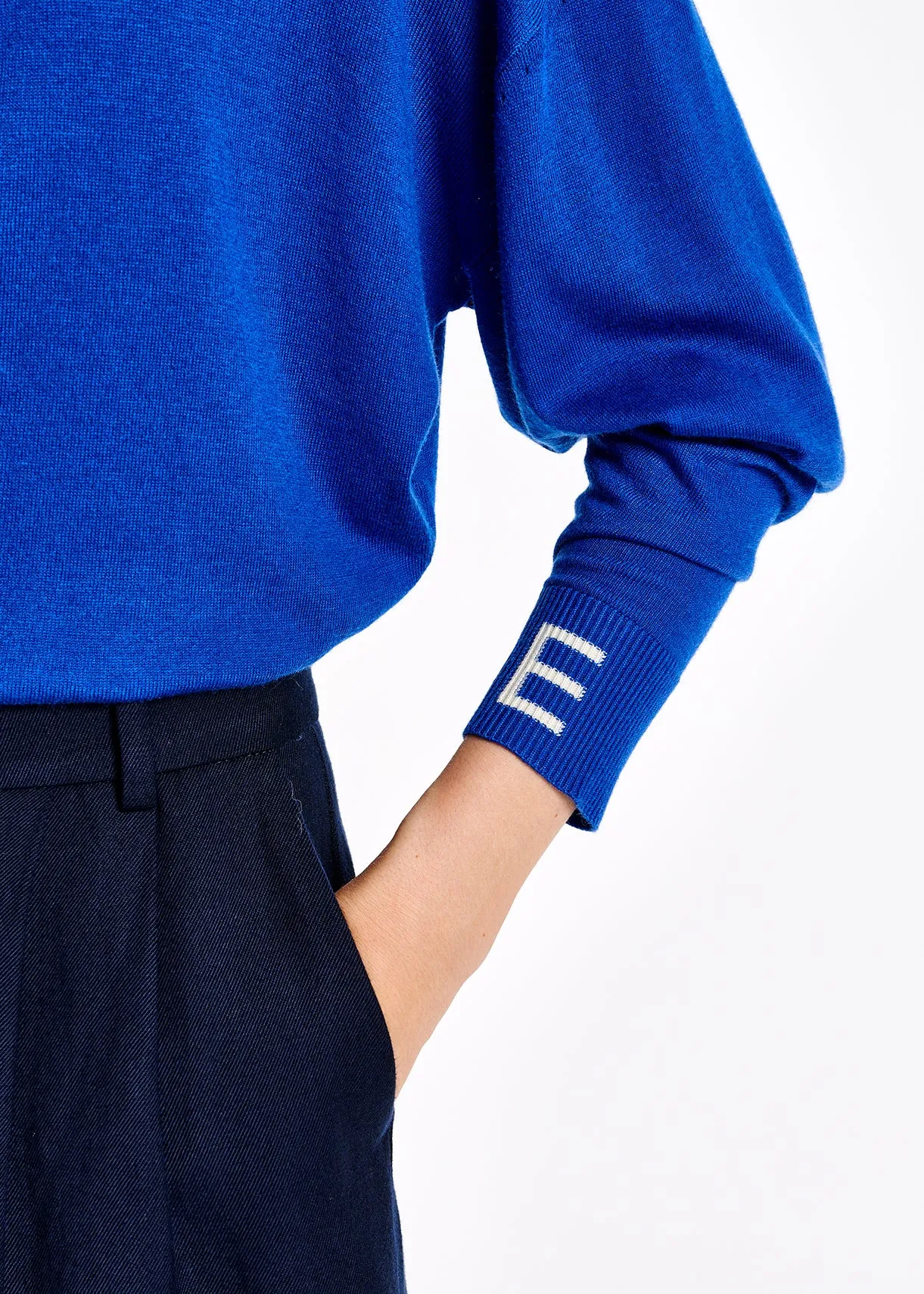 Blue fine-knit sweater with polo-inspired collar