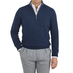 Dark Blue Melange Wool Cashmere 1/4 Zip Sweater