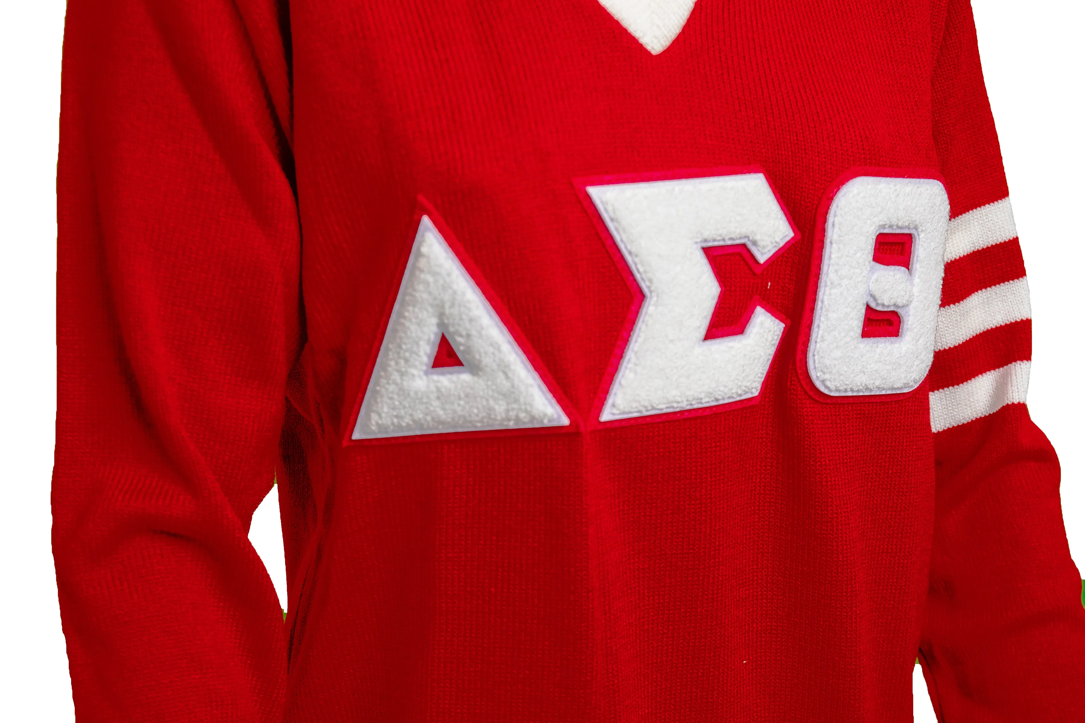 Delta Vneck Sweater with White Chenille Letters