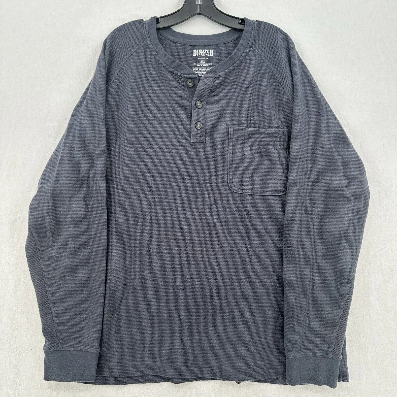 Duluth Trading Shirt Mens 2XL Henley Waffle Knit Thermal Blue Long Sleeve Work