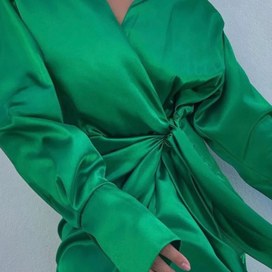 Emerald Green Satin Shirt Dress | Emerald Green Long Sleeve Wrap Dress-Sample (LIMITED STOCK)
