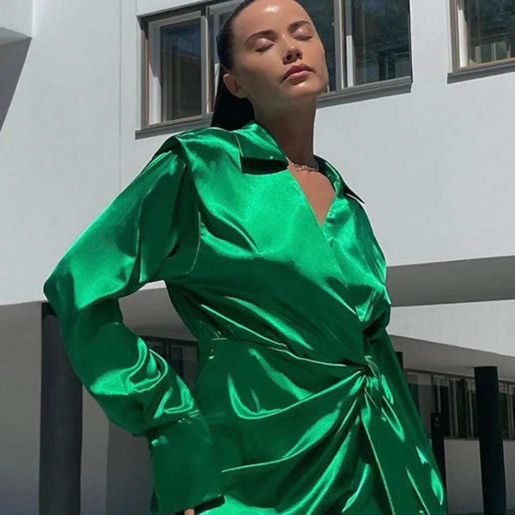 Emerald Green Satin Shirt Dress | Emerald Green Long Sleeve Wrap Dress-Sample (LIMITED STOCK)