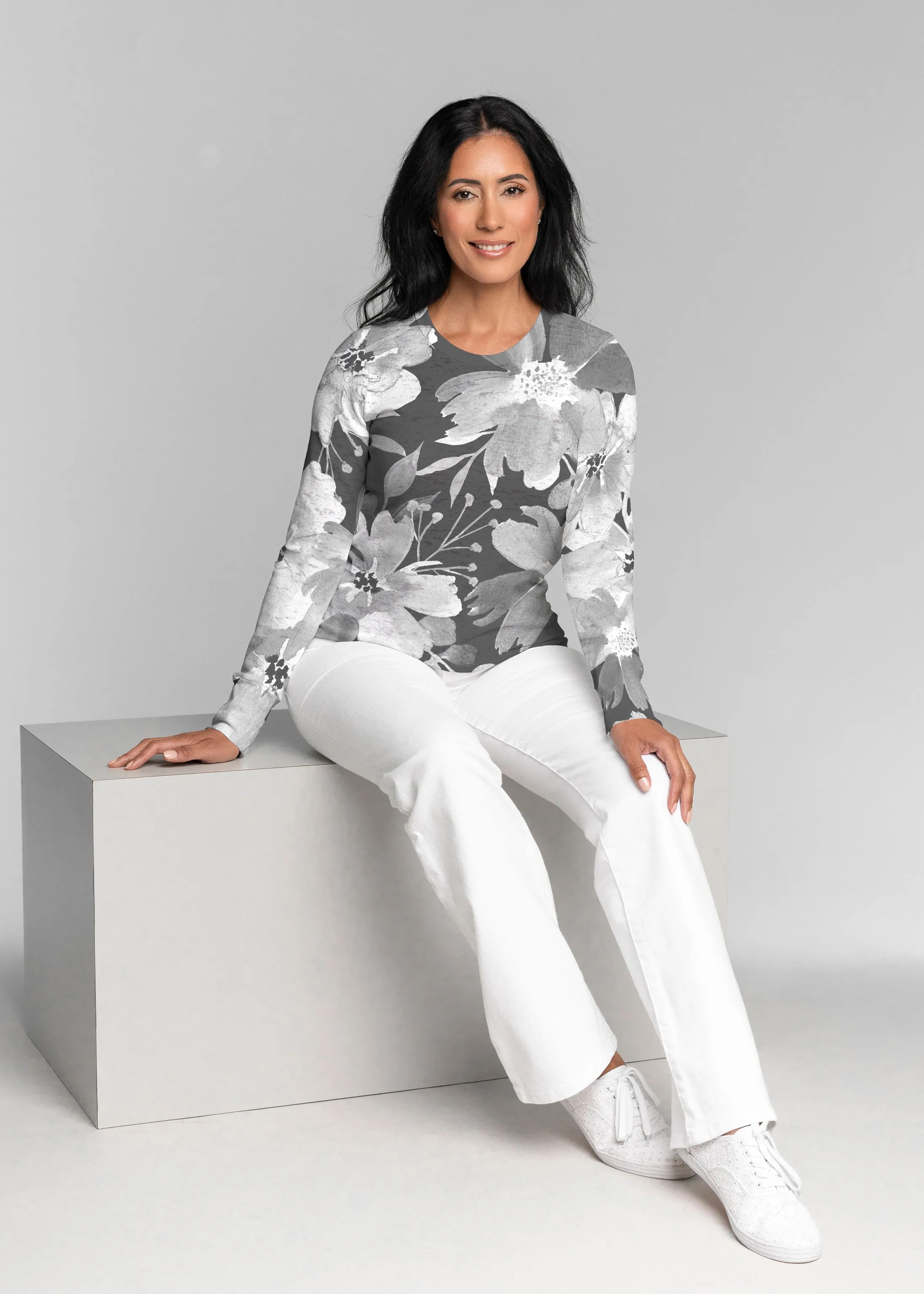 Festive Bloom Black (8174) ~ Thermal Long Sleeve Crew Shirt