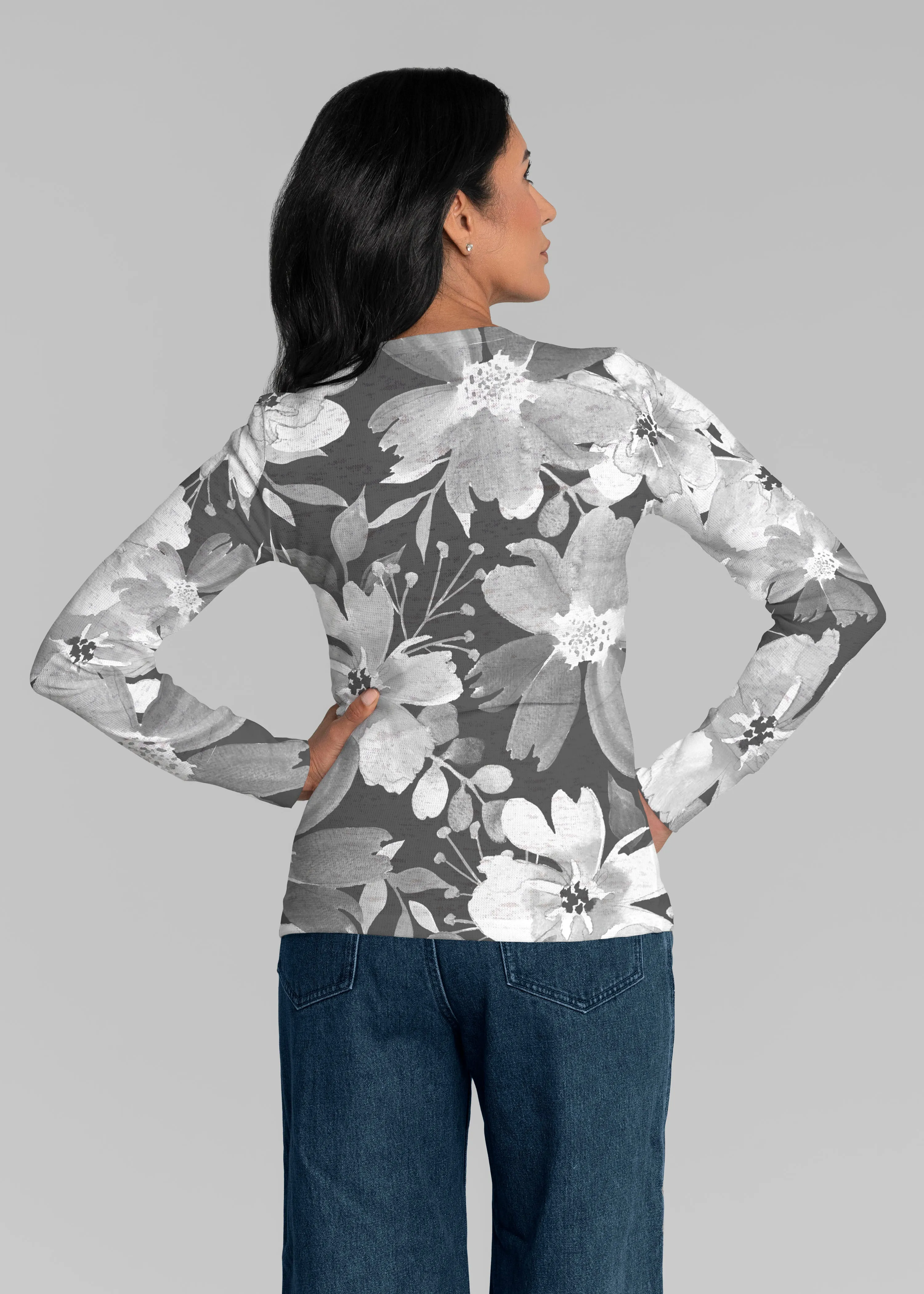 Festive Bloom Black (8174) ~ Thermal Long Sleeve Crew Shirt