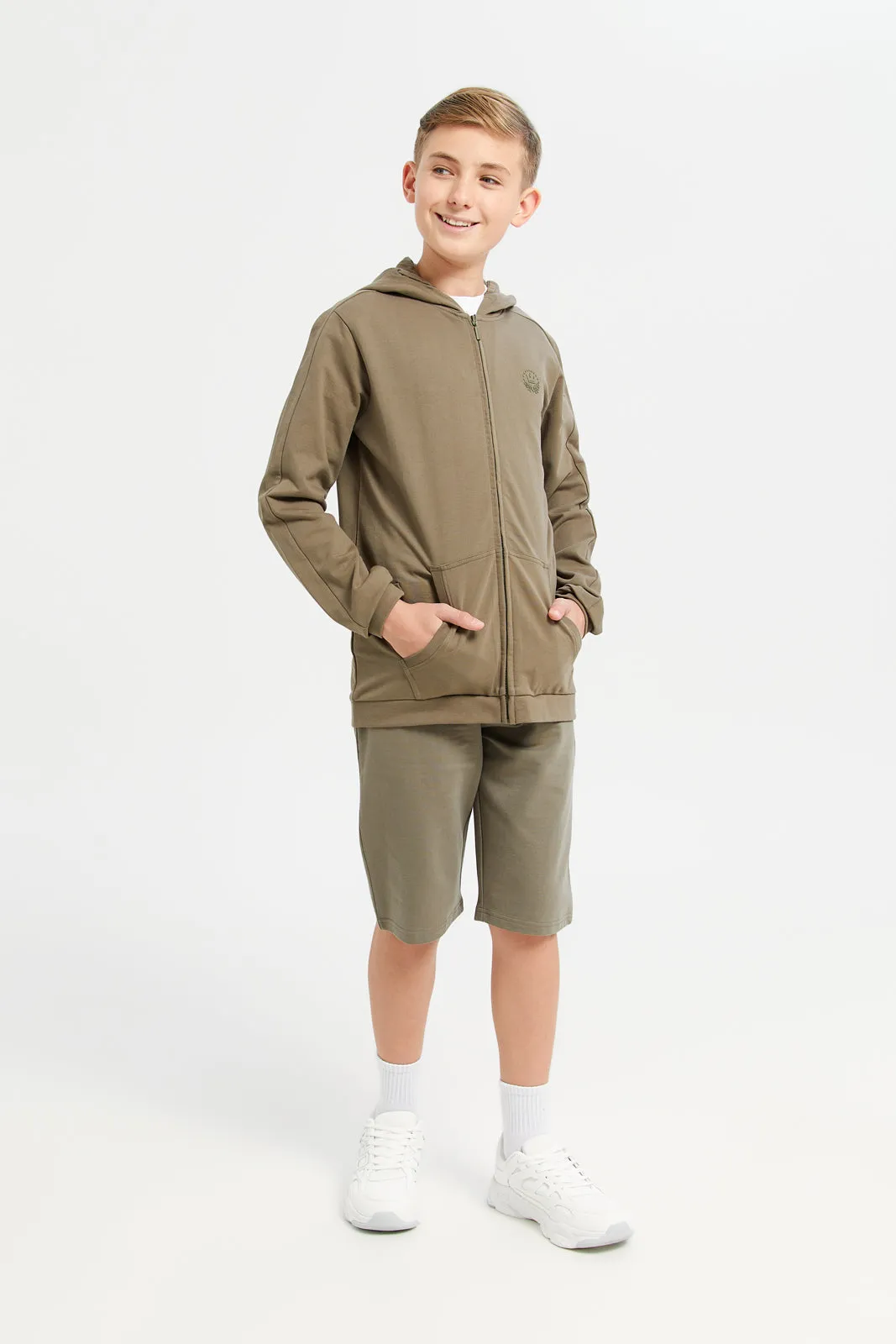 Senior Boys Green Zipper Front Hooded Sweatshirt
