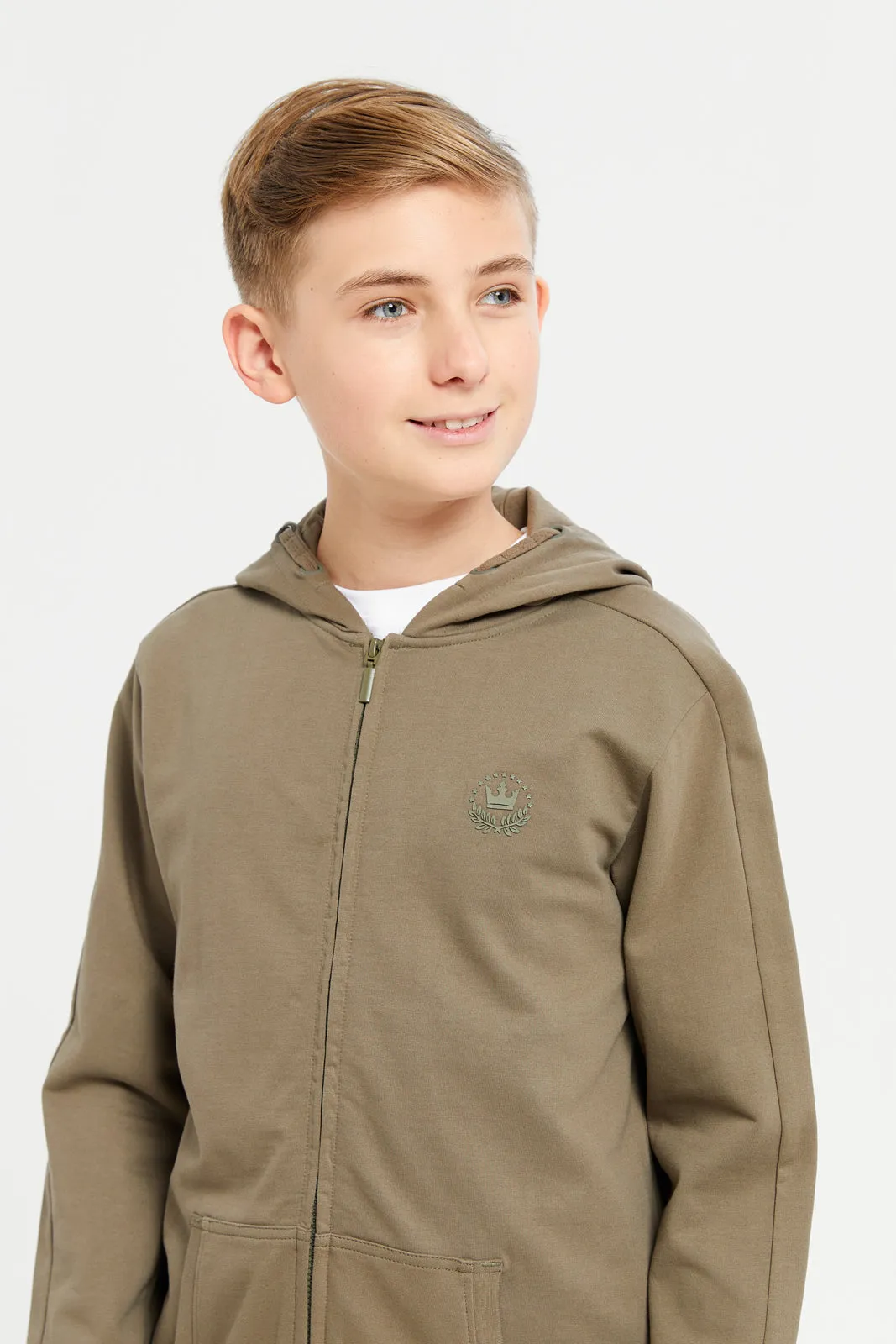 Senior Boys Green Zipper Front Hooded Sweatshirt