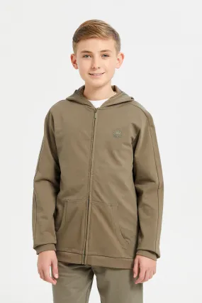 Senior Boys Green Zipper Front Hooded Sweatshirt