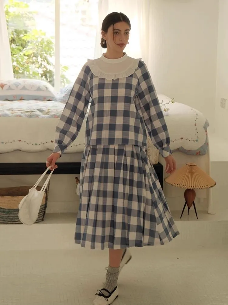 Standing Collar Check Linen Cotton Shirt/Pleated Skirt Set【s0000007483】
