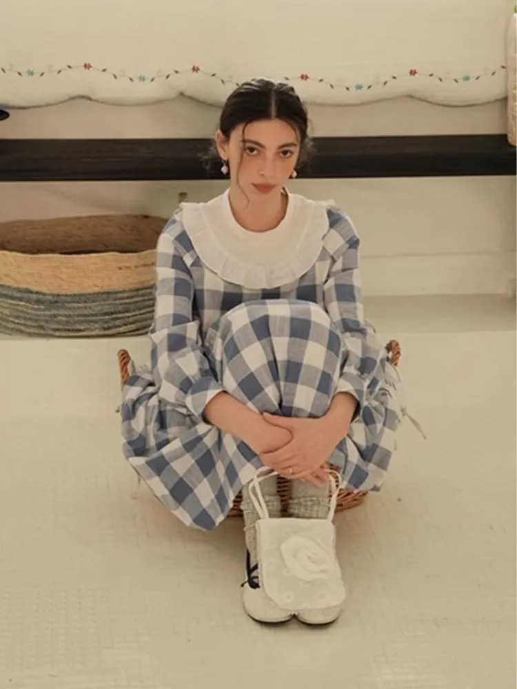 Standing Collar Check Linen Cotton Shirt/Pleated Skirt Set【s0000007483】