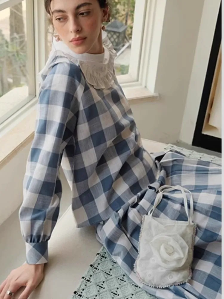 Standing Collar Check Linen Cotton Shirt/Pleated Skirt Set【s0000007483】