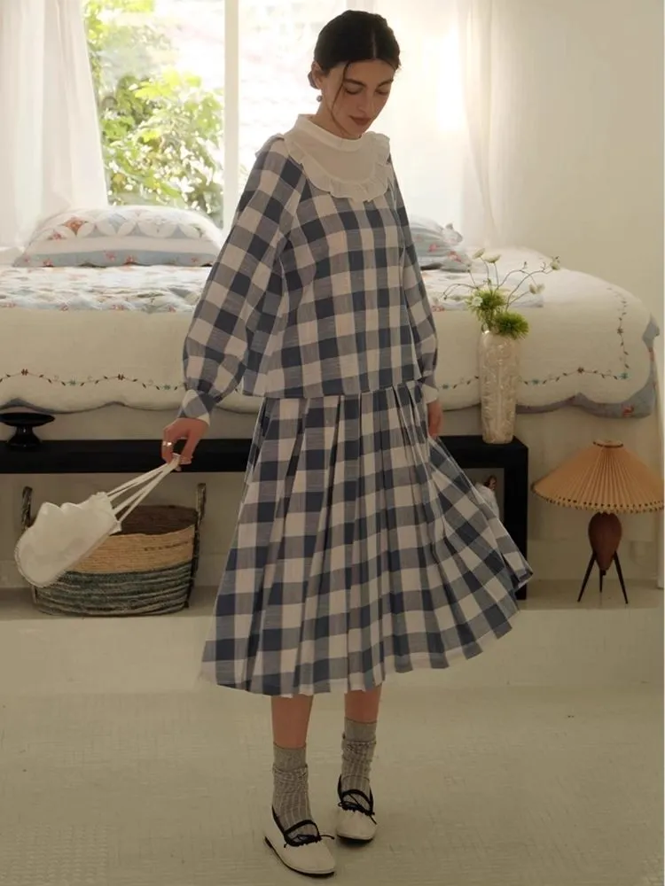 Standing Collar Check Linen Cotton Shirt/Pleated Skirt Set【s0000007483】