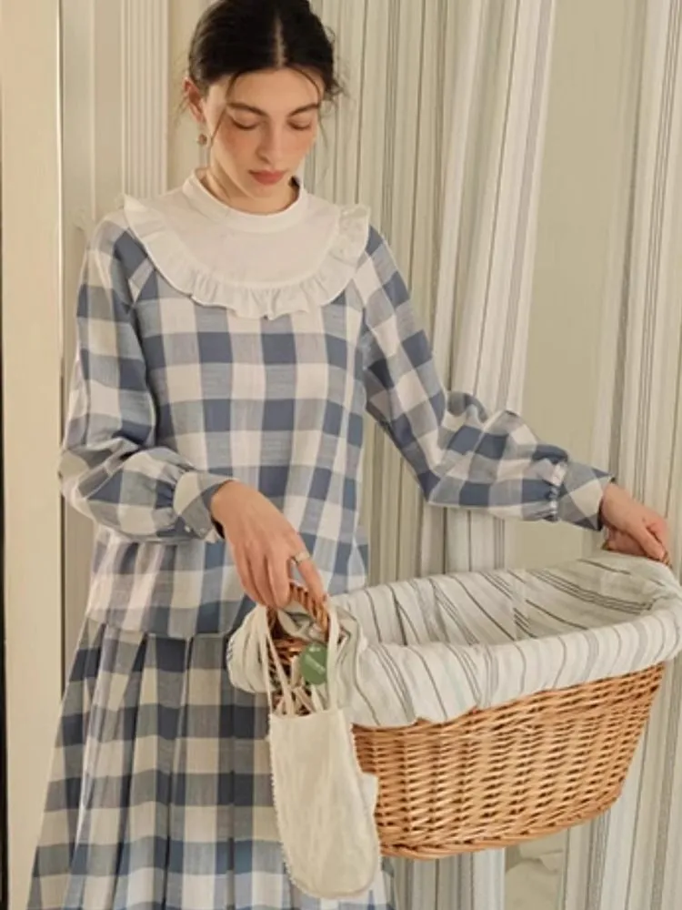 Standing Collar Check Linen Cotton Shirt/Pleated Skirt Set【s0000007483】