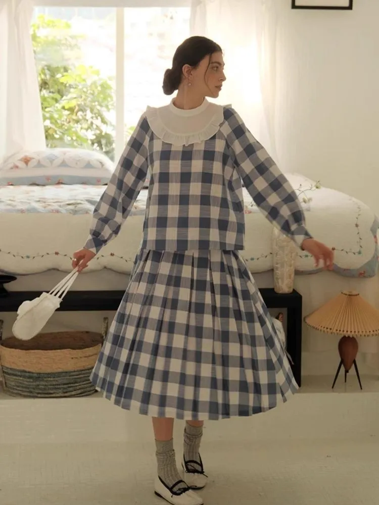 Standing Collar Check Linen Cotton Shirt/Pleated Skirt Set【s0000007483】