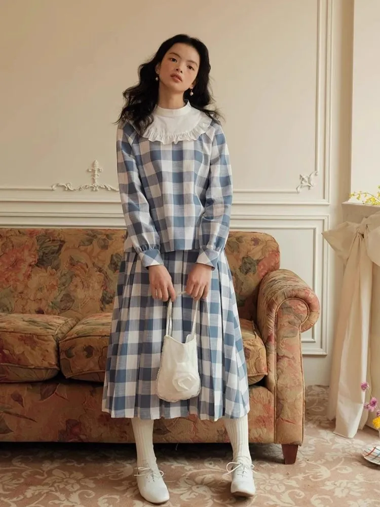 Standing Collar Check Linen Cotton Shirt/Pleated Skirt Set【s0000007483】
