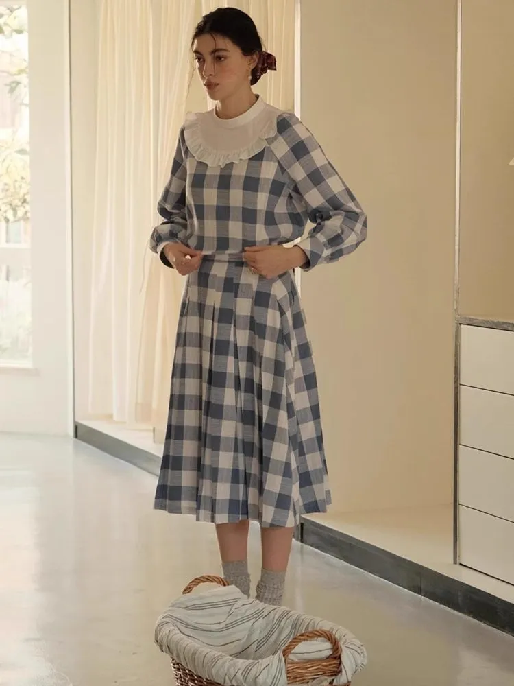 Standing Collar Check Linen Cotton Shirt/Pleated Skirt Set【s0000007483】