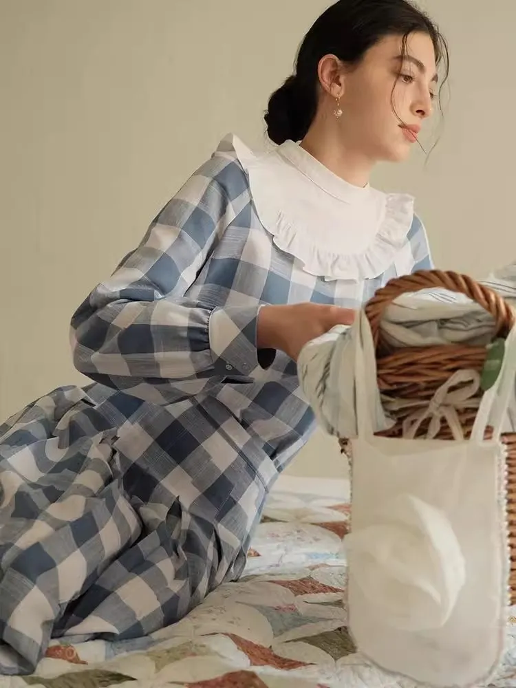 Standing Collar Check Linen Cotton Shirt/Pleated Skirt Set【s0000007483】