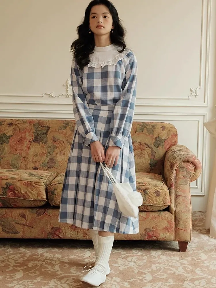 Standing Collar Check Linen Cotton Shirt/Pleated Skirt Set【s0000007483】