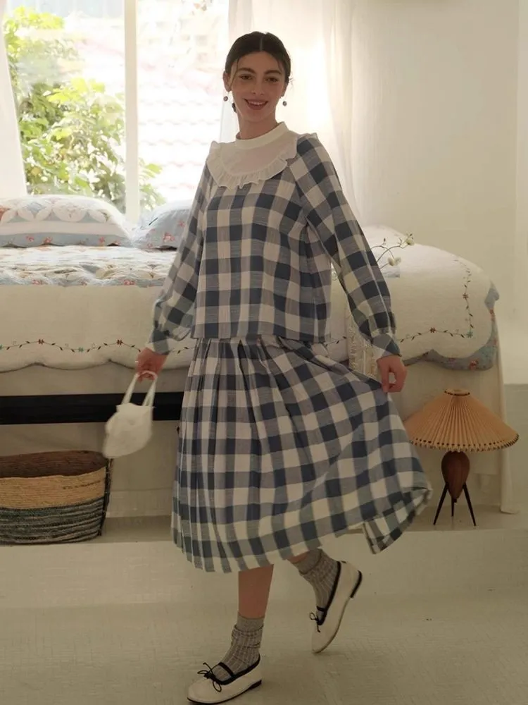 Standing Collar Check Linen Cotton Shirt/Pleated Skirt Set【s0000007483】
