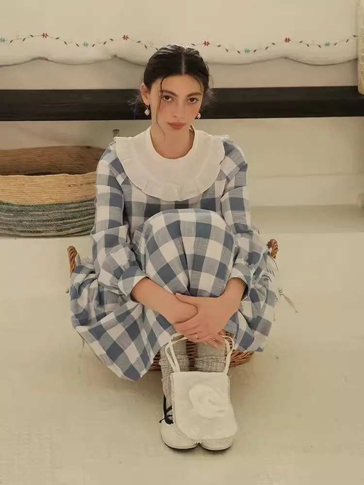 Standing Collar Check Linen Cotton Shirt/Pleated Skirt Set【s0000007483】