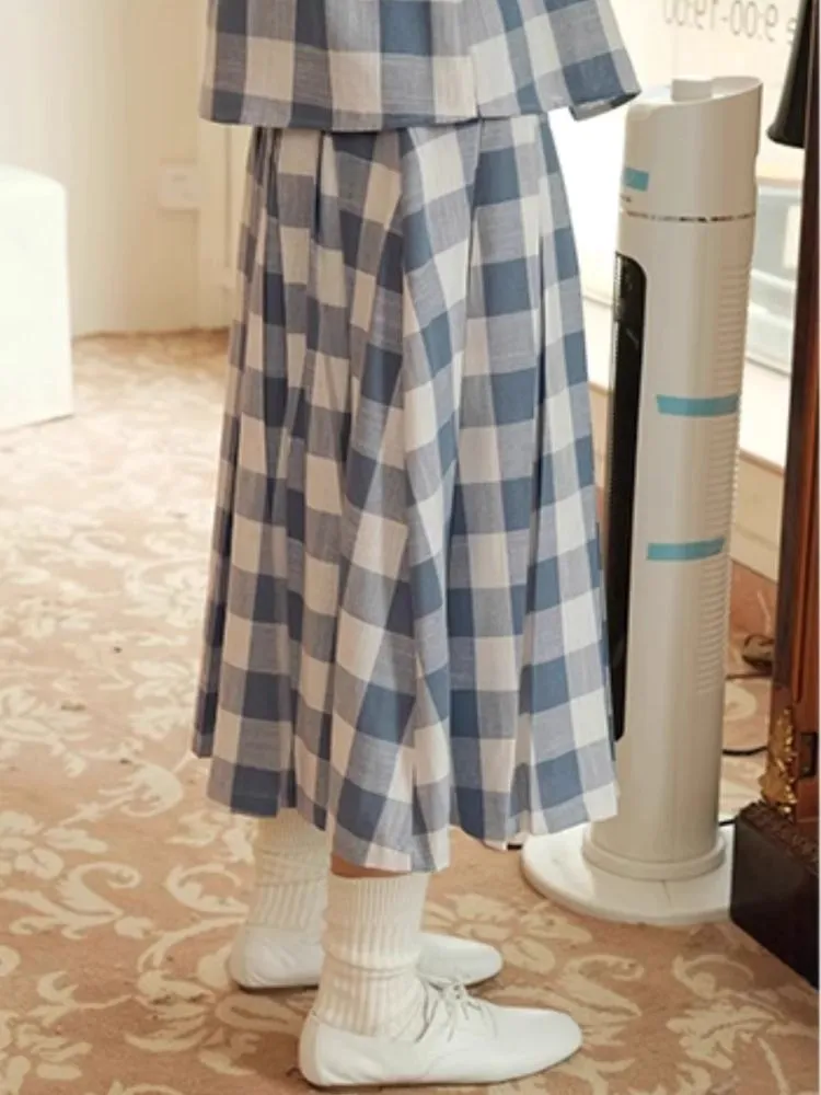 Standing Collar Check Linen Cotton Shirt/Pleated Skirt Set【s0000007483】