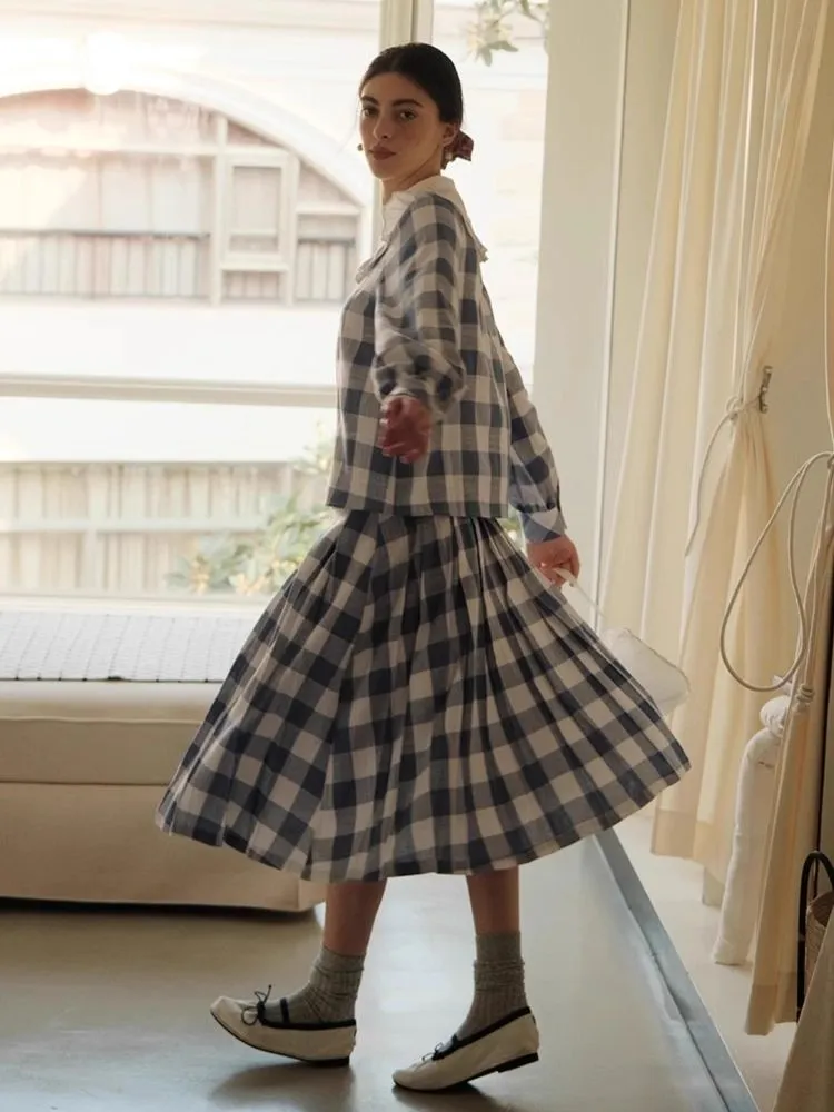 Standing Collar Check Linen Cotton Shirt/Pleated Skirt Set【s0000007483】