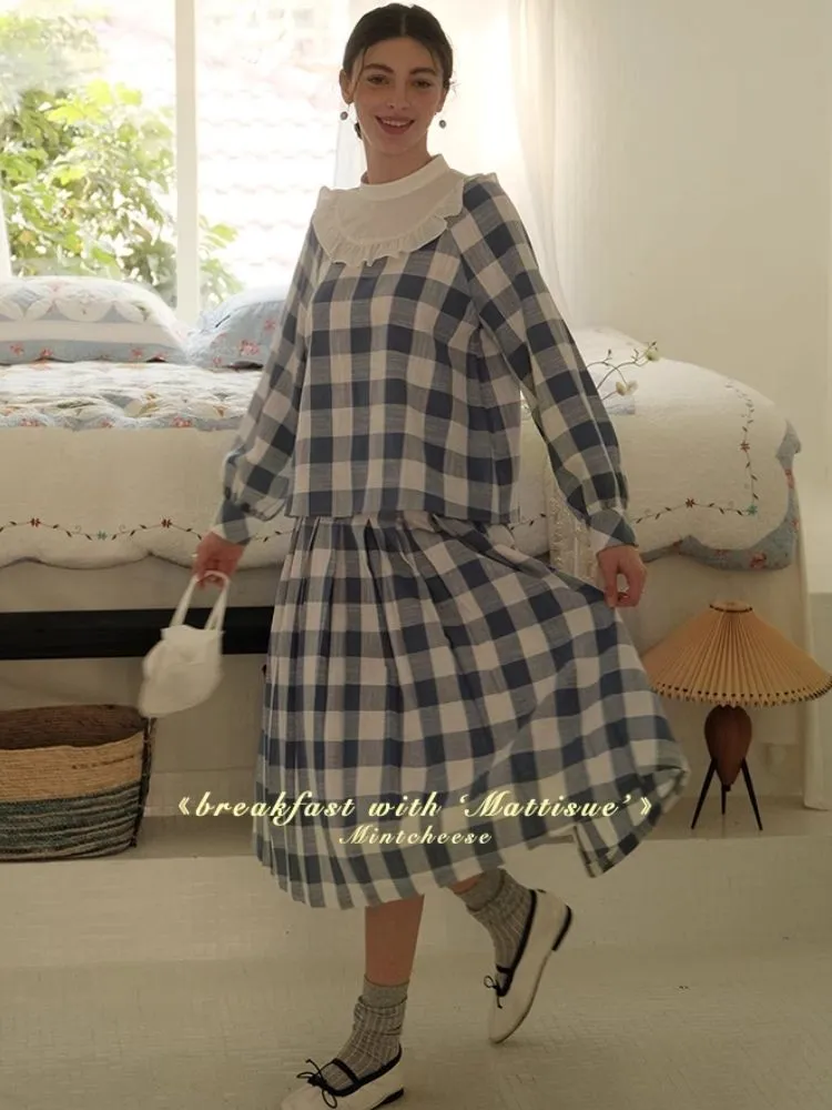 Standing Collar Check Linen Cotton Shirt/Pleated Skirt Set【s0000007483】