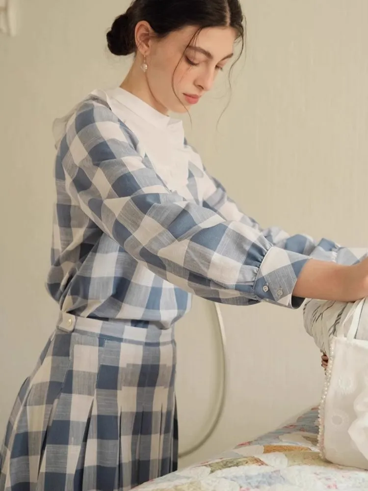 Standing Collar Check Linen Cotton Shirt/Pleated Skirt Set【s0000007483】