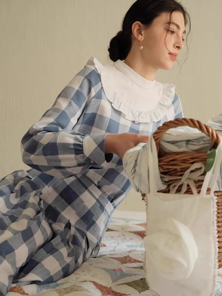 Standing Collar Check Linen Cotton Shirt/Pleated Skirt Set【s0000007483】