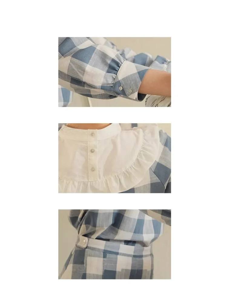 Standing Collar Check Linen Cotton Shirt/Pleated Skirt Set【s0000007483】