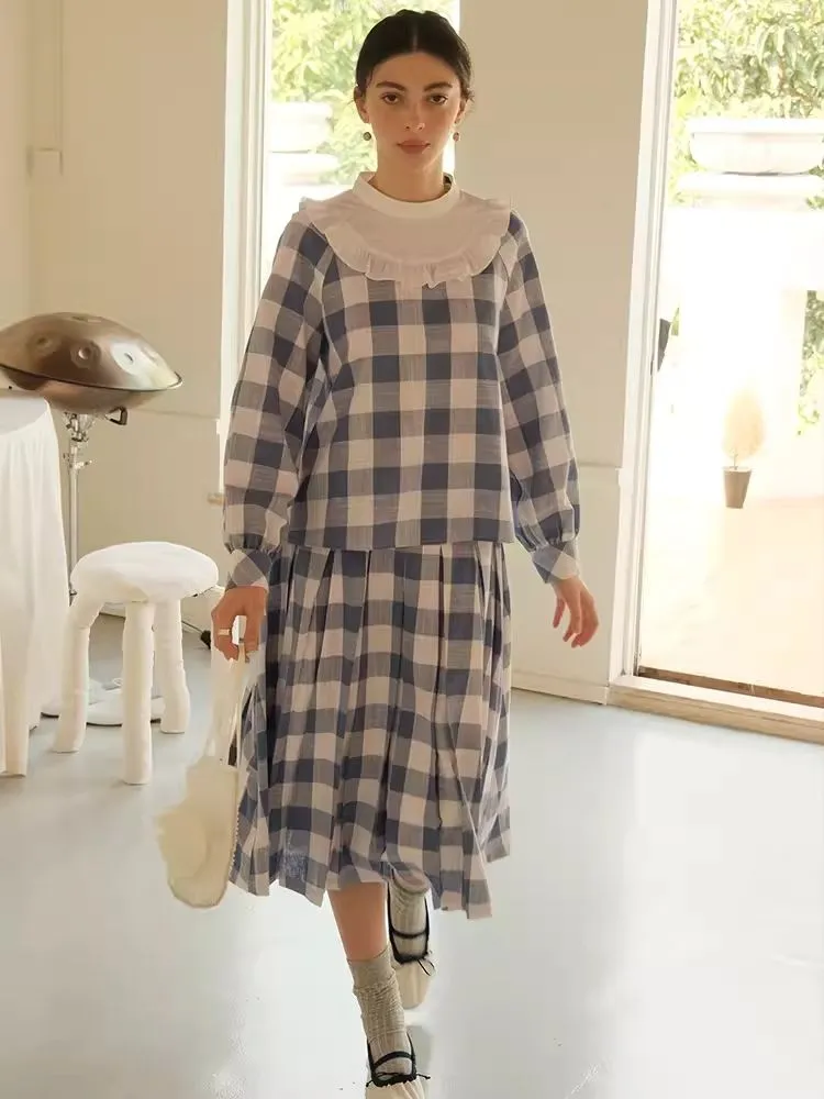 Standing Collar Check Linen Cotton Shirt/Pleated Skirt Set【s0000007483】