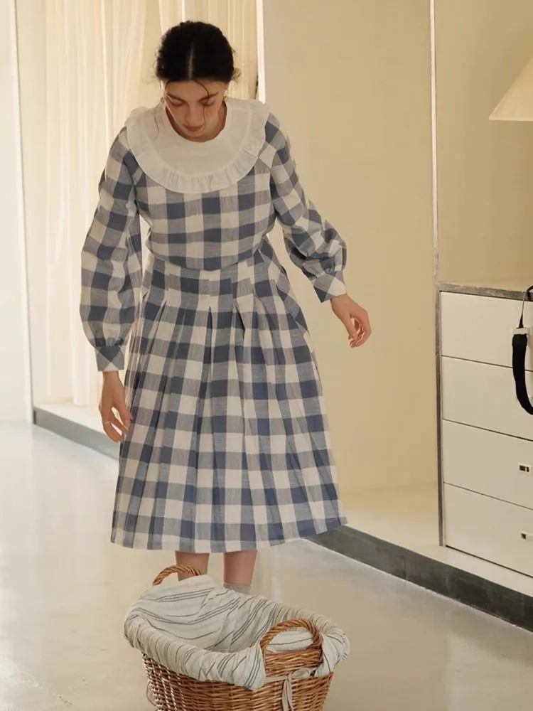 Standing Collar Check Linen Cotton Shirt/Pleated Skirt Set【s0000007483】
