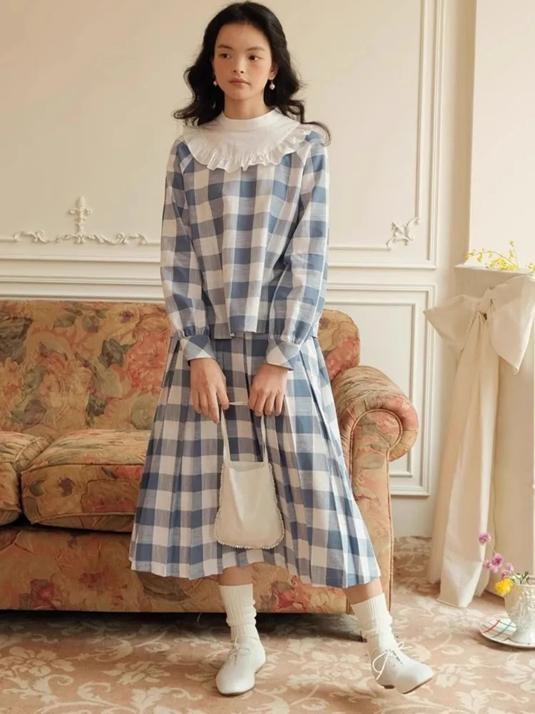 Standing Collar Check Linen Cotton Shirt/Pleated Skirt Set【s0000007483】