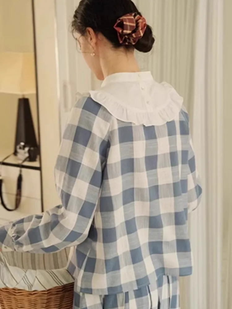Standing Collar Check Linen Cotton Shirt/Pleated Skirt Set【s0000007483】