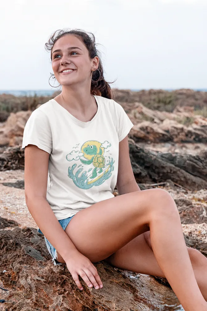 Turtle Surfer white Printed Scoop Neck T-shirt for women