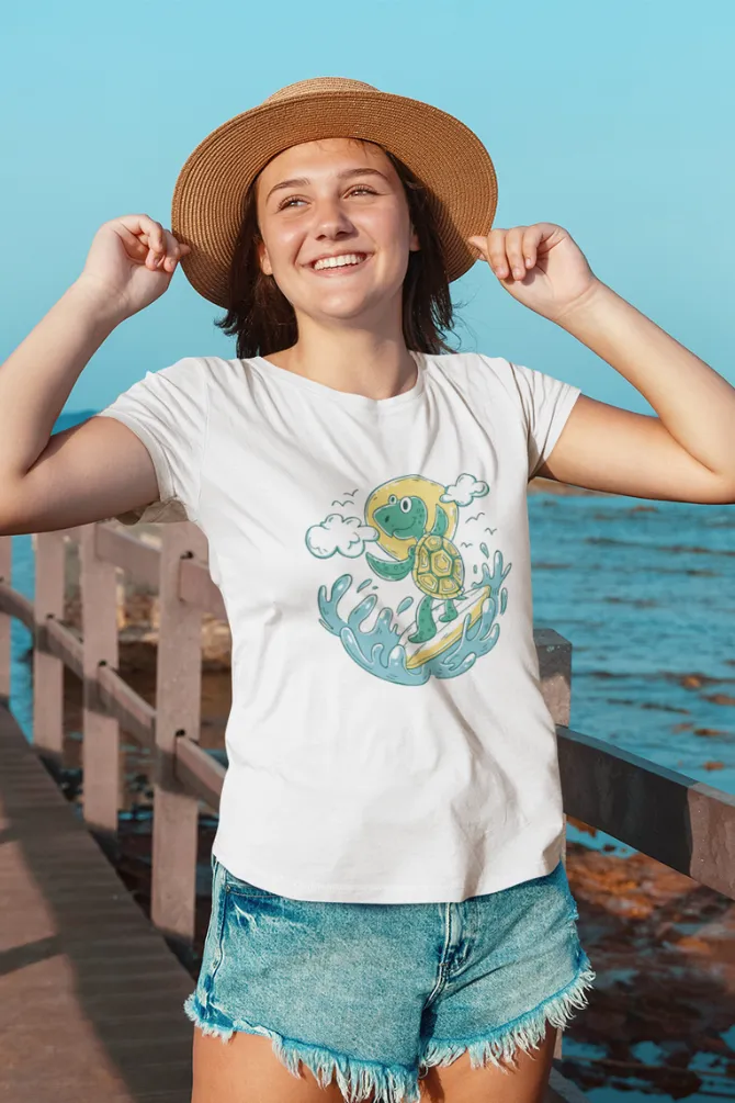 Turtle Surfer white Printed Scoop Neck T-shirt for women
