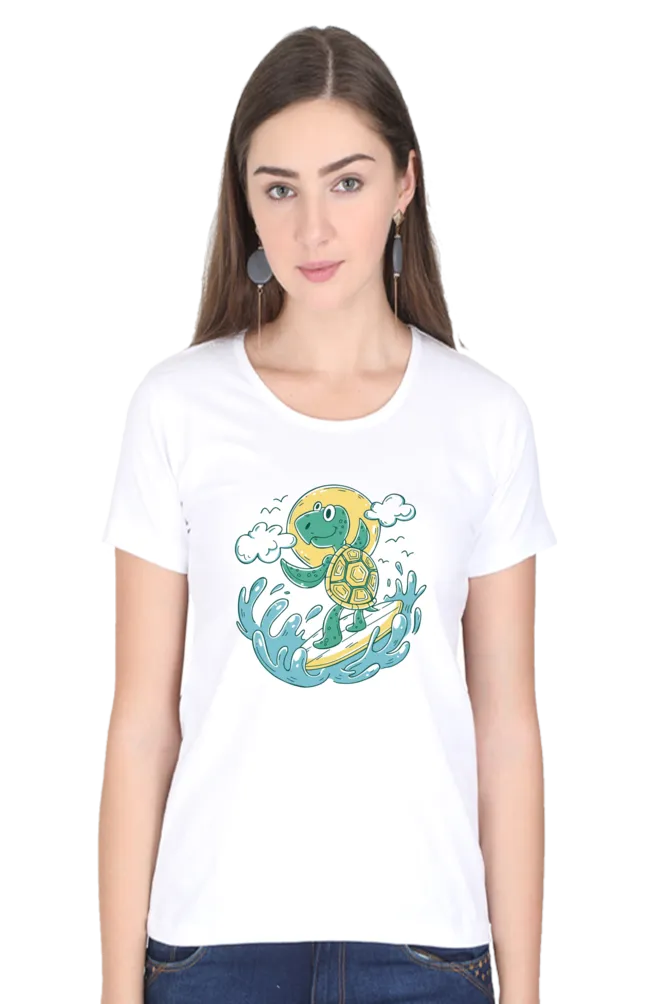 Turtle Surfer white Printed Scoop Neck T-shirt for women