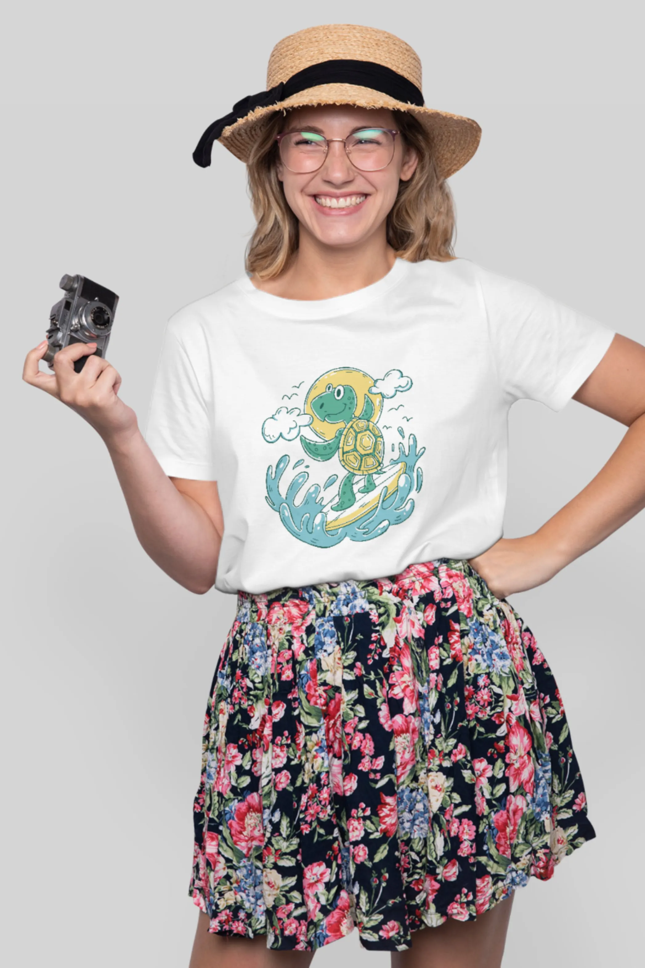 Turtle Surfer white Printed Scoop Neck T-shirt for women