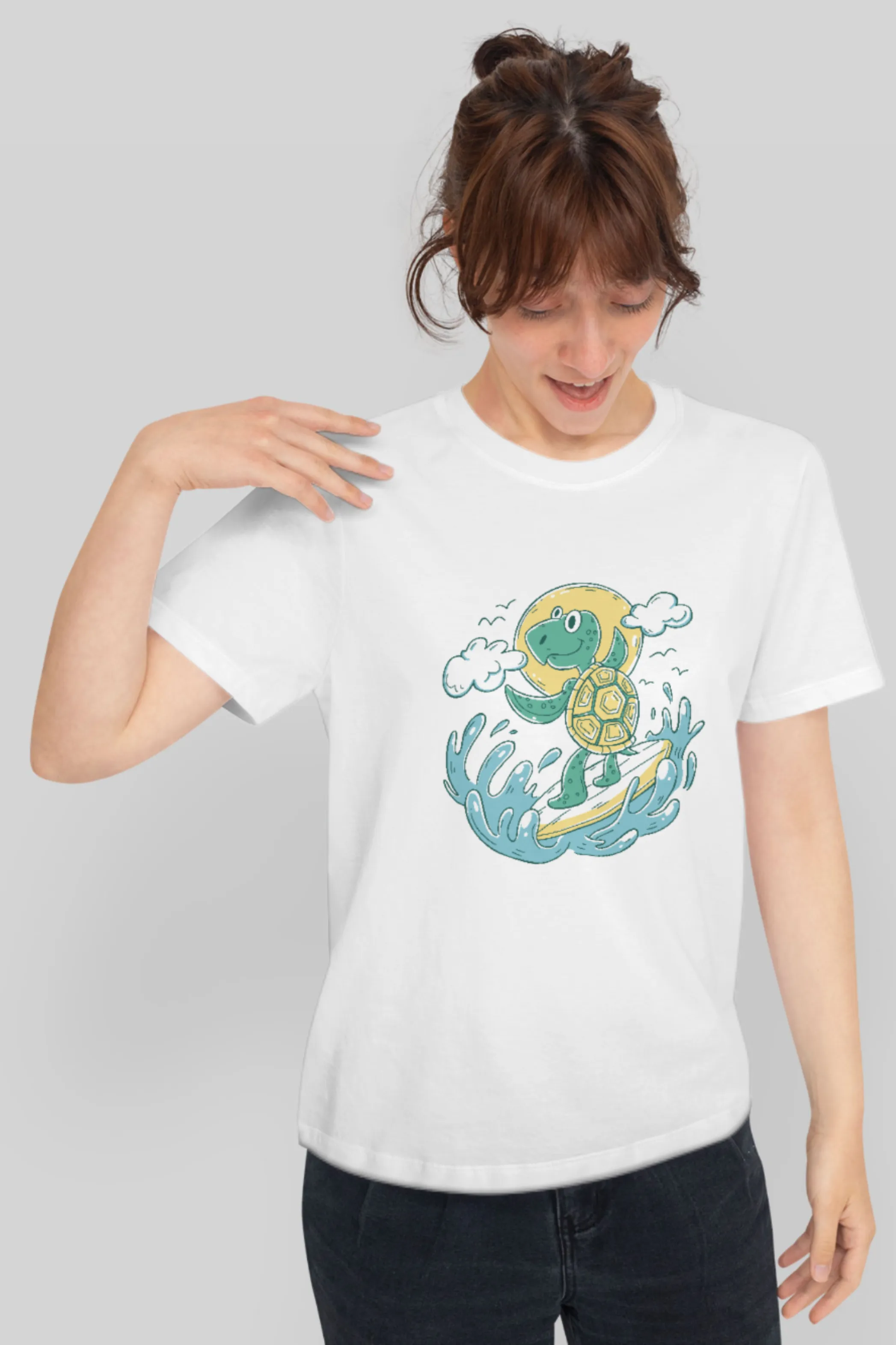 Turtle Surfer white Printed Scoop Neck T-shirt for women