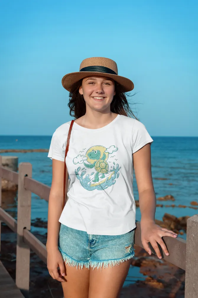 Turtle Surfer white Printed Scoop Neck T-shirt for women