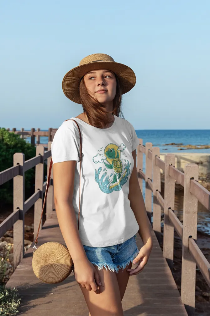 Turtle Surfer white Printed Scoop Neck T-shirt for women