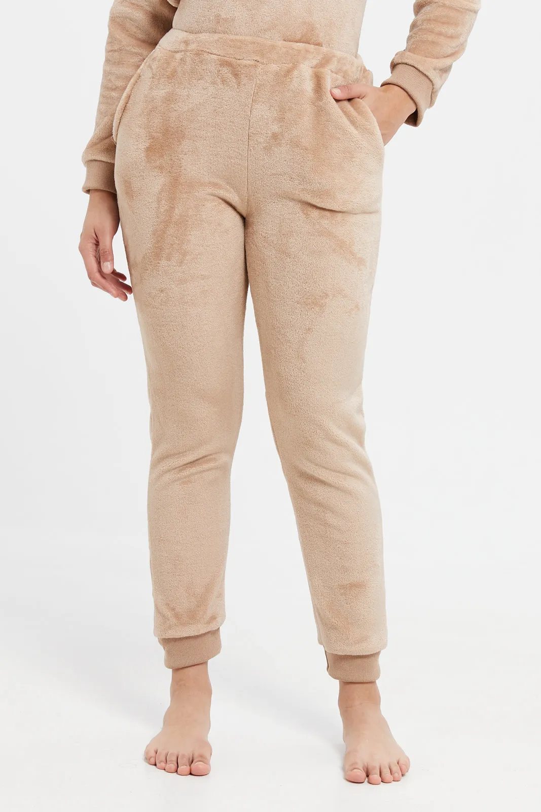 Women Beige Embellished Velvet Pyjama Set (2 Piece)