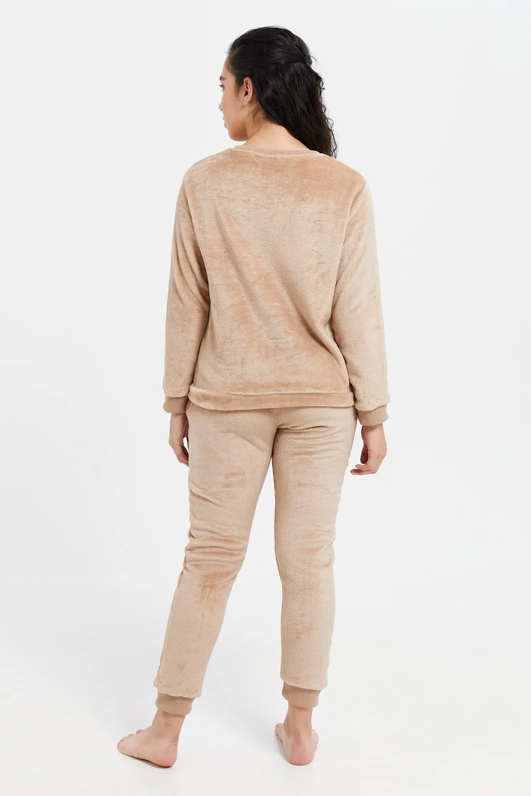 Women Beige Embellished Velvet Pyjama Set (2 Piece)