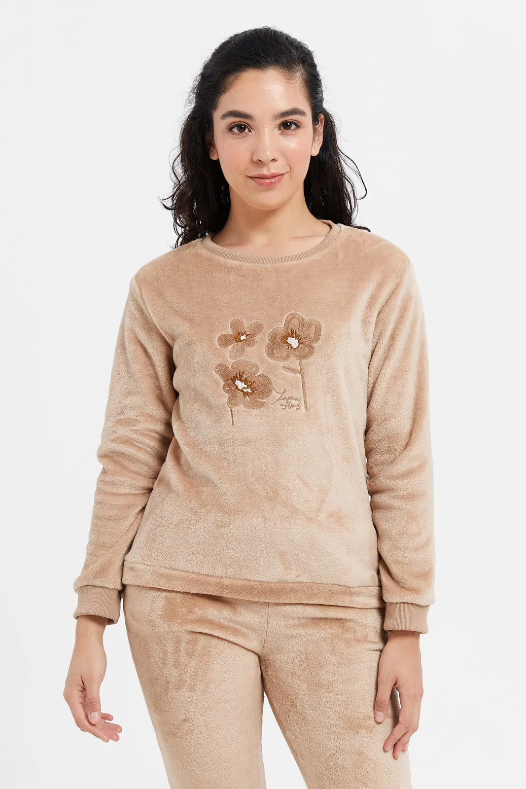 Women Beige Embellished Velvet Pyjama Set (2 Piece)
