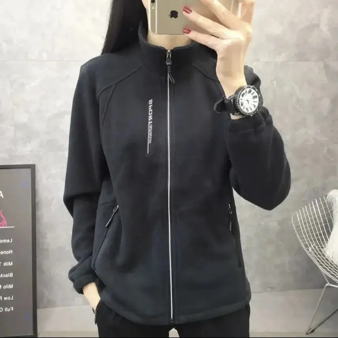 Women's Fleece Polar Coat Warm Thicken Plus Size Letter Printing Double-Sided Velvet Outerwear Coats Zipper Sports Sweatshirt