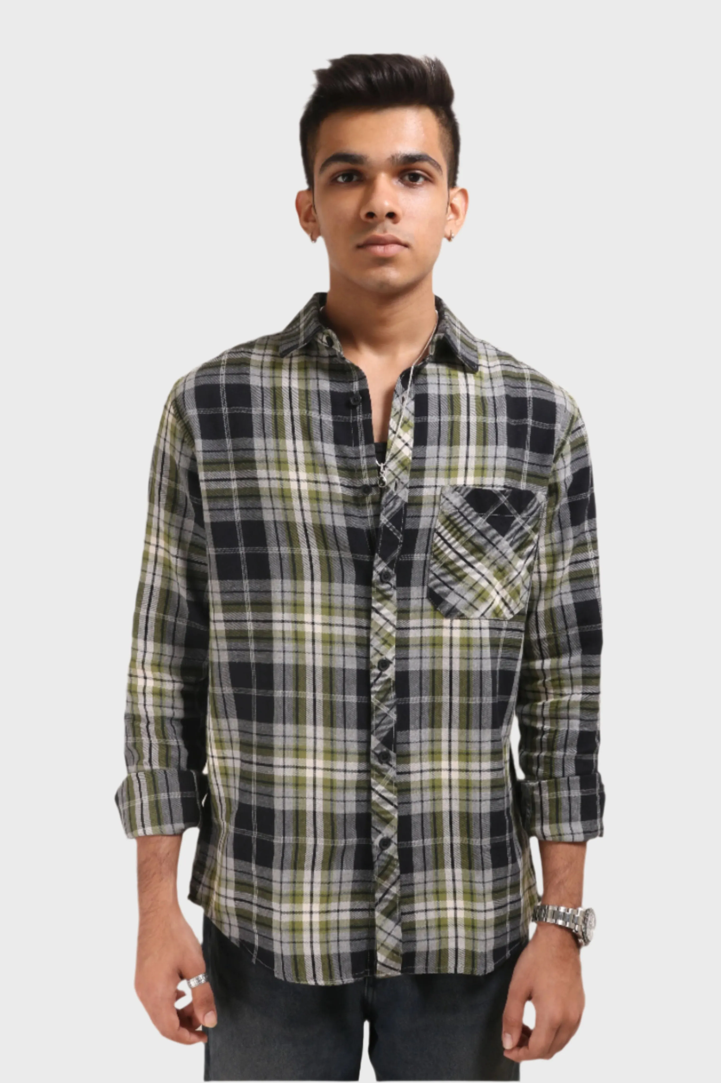 XKIND GREEN CHECKS REGULAR FIT SHIRT